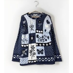 Vintage Blue Patchwork Granny Sweater S Roses Hearts Cottagecore Oversized Tunic